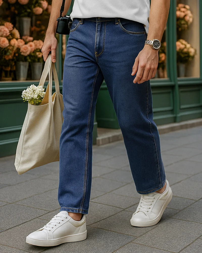 بيواكوف Men's Blue Slim Straight Fit Stretchable Washed Mid-Rise Jeans